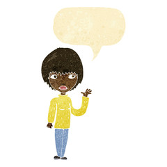 cartoon woman waving with speech bubble