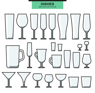 Set of different isolated glasses with a stroke. Empty glasse