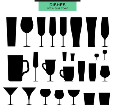 Set of isolated silhouettes different glasses. Glasse and cups.