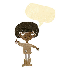 cartoon boy in poor clothing giving thumbs up symbol with speech