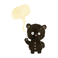 cartoon waving black bear cub with speech bubble