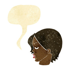 cartoon woman raising eyebrow with speech bubble