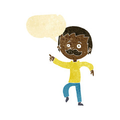 cartoon man with mustache pointing with speech bubble