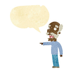 cartoon scared old man pointing with speech bubble