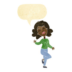 cartoon happy woman dancing with speech bubble