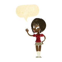 cartoon pretty woman waving with speech bubble
