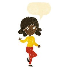 cartoon friendly woman waving with speech bubble