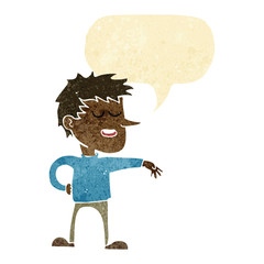 cartoon man making dismissive gesture with speech bubble