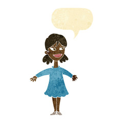 cartoon woman with open arms with speech bubble