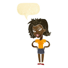 cartoon woman with hands on hips with speech bubble