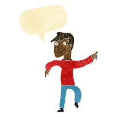 cartoon happy man pointing with speech bubble