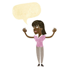 cartoon woman throwing hands in air with speech bubble