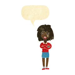 cartoon tough woman with folded arms with speech bubble