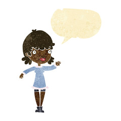 cartoon woman waving with speech bubble