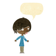 cartoon woman shrugging shoulders with speech bubble