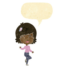 cartoon pretty woman dancing with speech bubble