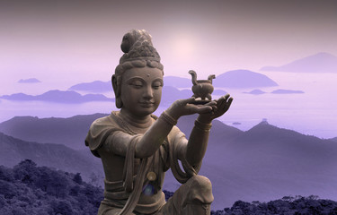 Buddhist statue at Po Lin Monastery - Lantau Island.  - obrazy, fototapety, plakaty