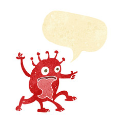 cartoon weird little alien with speech bubble