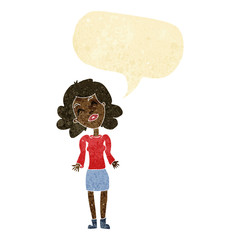 cartoon woman shrugging shoulders with speech bubble