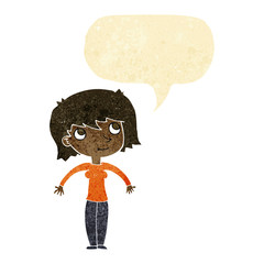 cartoon woman shrugging with speech bubble