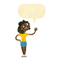 cartoon woman waving  with speech bubble