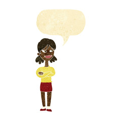 cartoon smug woman with speech bubble