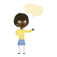 cartoon welcoming woman with speech bubble