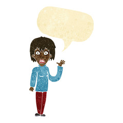 cartoon shocked woman waving hand with speech bubble