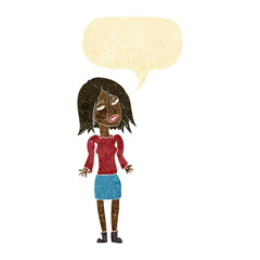 cartoon woman shrugging shoulders with speech bubble