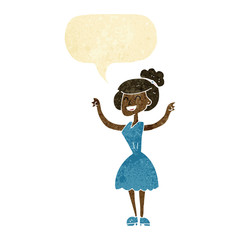 cartoon woman with raised arms with speech bubble