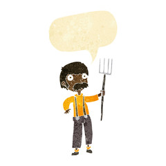 Obraz na płótnie Canvas cartoon farmer with pitchfork with speech bubble
