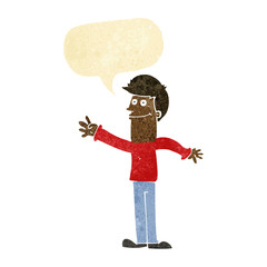 cartoon happy man waving with speech bubble