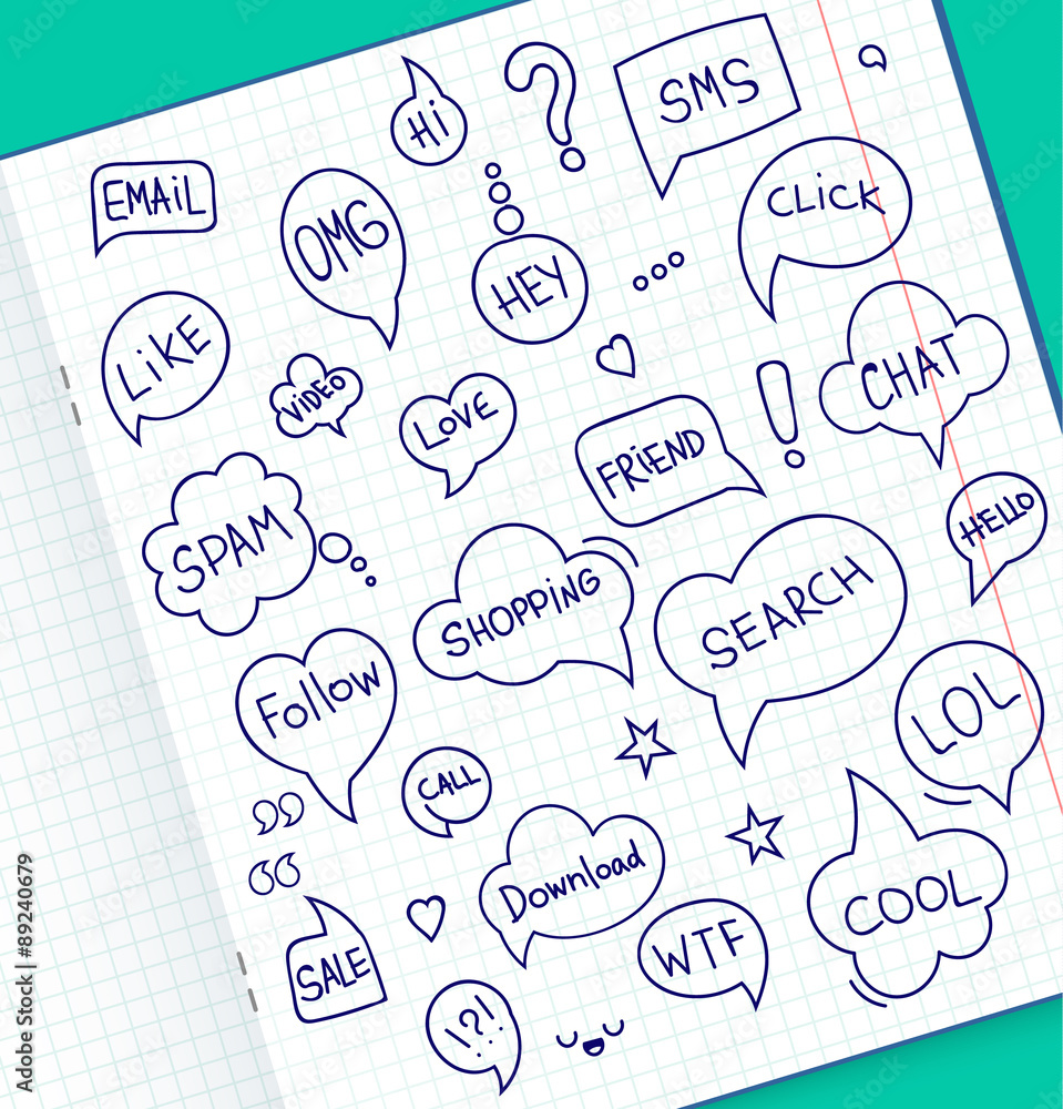Aufkleber Set dialog bubbles with popular slogans. Doddles in notebook
