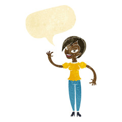 cartoon woman waving with speech bubble