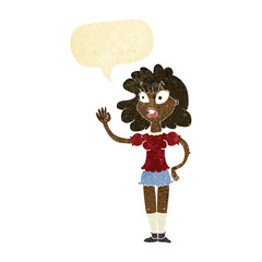 cartoon worried woman waving with speech bubble