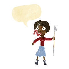 cartoon woman with spear sticking out tongue with speech bubble