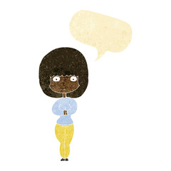 cartoon shy woman with speech bubble