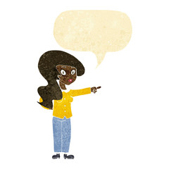 cartoon pretty woman pointing with speech bubble