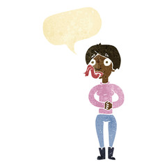cartoon woman with snake tongue with speech bubble
