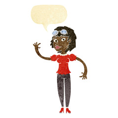 cartoon pilot woman waving with speech bubble
