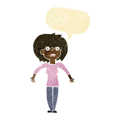 cartoon woman shrugging shoulders with speech bubble