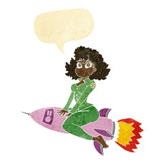 cartoon army pin up girl riding missile with speech bubble
