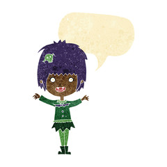 cartoon happy vampire girl with speech bubble