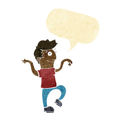 cartoon happy man doing funny dance with speech bubble