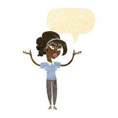 cartoon woman raising hands in air with speech bubble