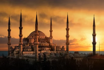 Papier Peint photo Lavable la Turquie La Mosquée Bleue à Istanbul pendant le coucher du soleil