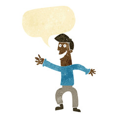 cartoon happy man dancing with speech bubble