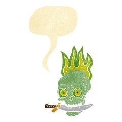 cartoon pirate skull with knife in teeth with speech bubble