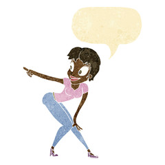 cartoon pretty woman pointing with speech bubble