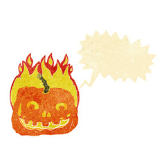 cartoon burning pumpkin with speech bubble